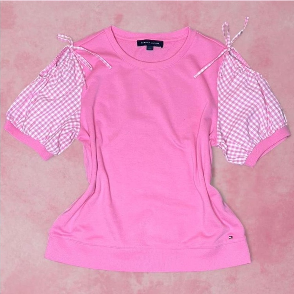 Tommy Hilfiger Pink Short Cold Shoulder Puff Sleeve Top with Gingham Sleeve L
